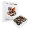 A box labeled Wooden Puzzle featuring an image of a colorful dragon resting on an open book.