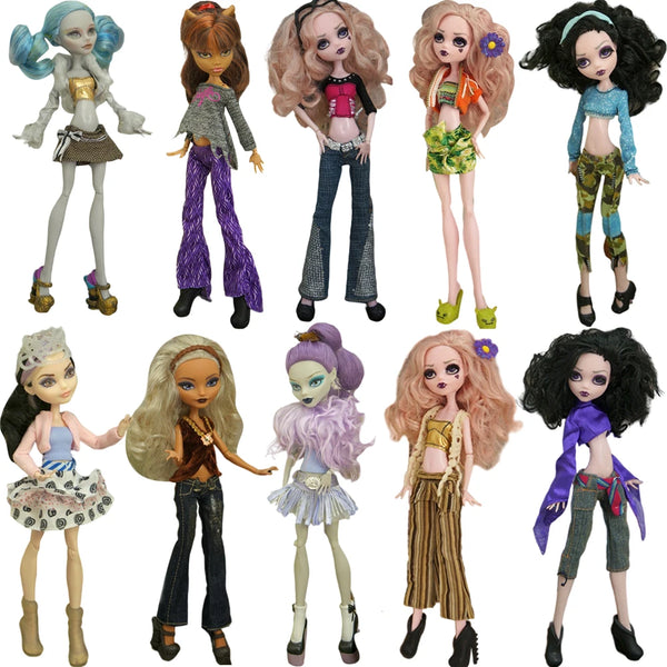 A collection of fashion dolls in various outfits and styles.
