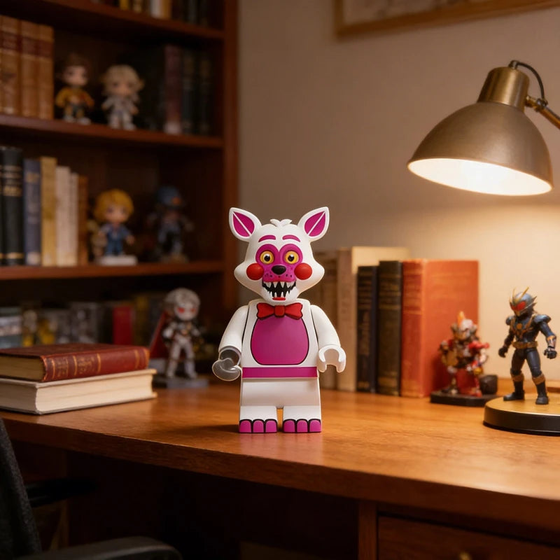 A set of Five Nights at Freddy's Bonnie and friends mini building block figures displayed on a wooden desk.