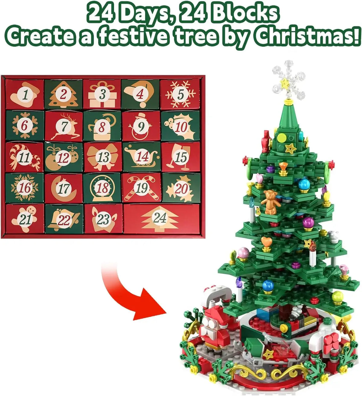 A Christmas advent calendar set featuring 24 numbered blocks and surprise mini figures to build a festive tree.