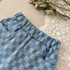 Light blue plaid corduroy pants with elastic waist shown on a light background.