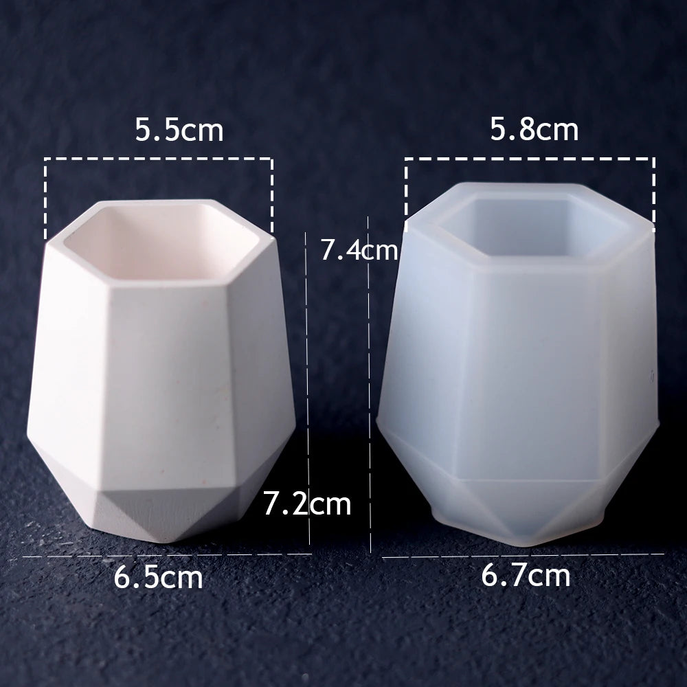 Two white silicone molds for vases or planters, showing dimensions and shape differences.