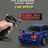 A hand operates a full-scale remote control throttle lever to adjust the speed of a blue Nissan Skyline drift car model.