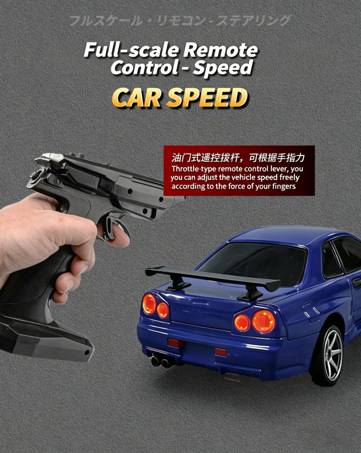 A hand operates a full-scale remote control throttle lever to adjust the speed of a blue Nissan Skyline drift car model.