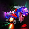 A purple and blue transforming dinosaur robot car toy with lights and sounds is shown in a dynamic pose.