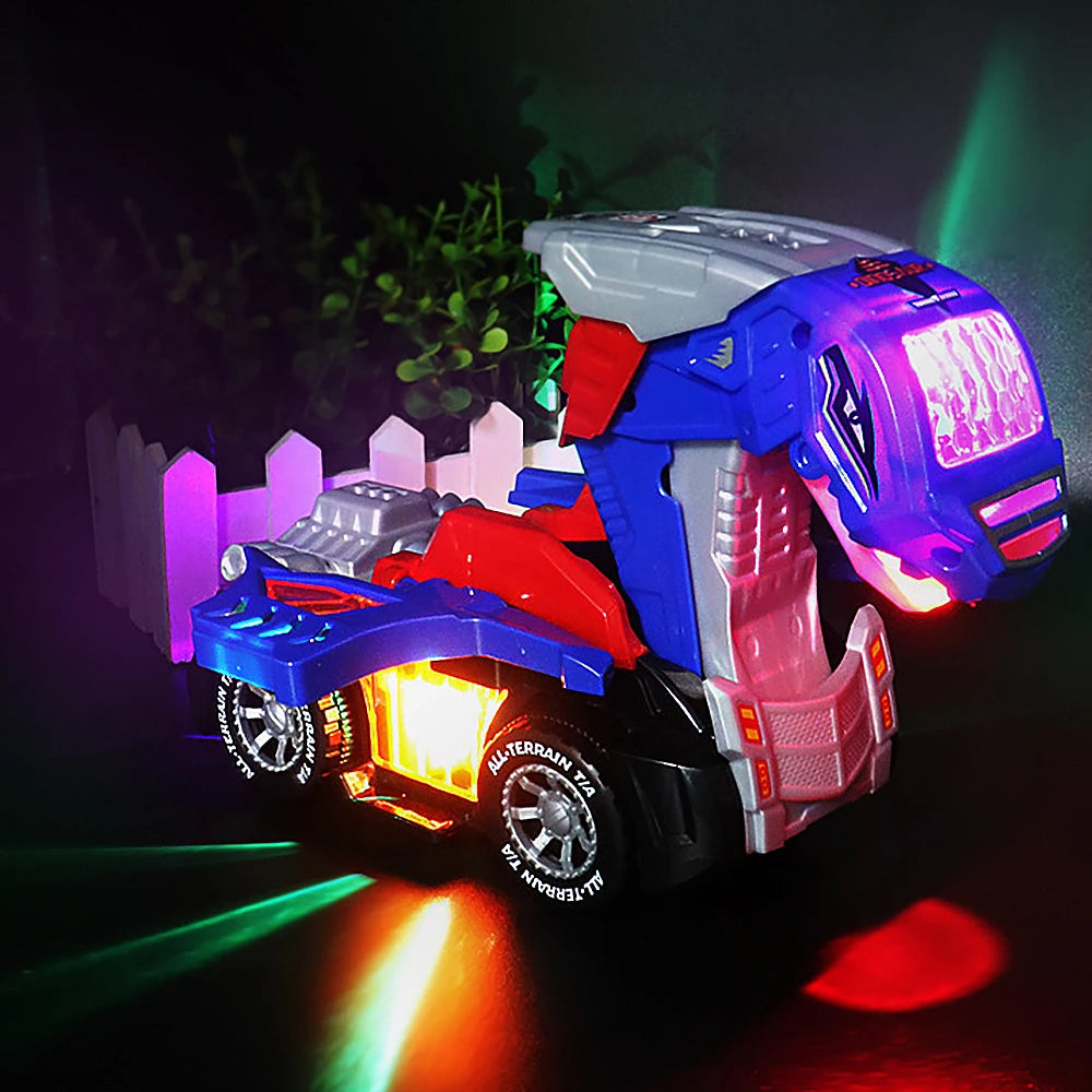A purple and blue transforming dinosaur robot car toy with lights and sounds is shown in a dynamic pose.