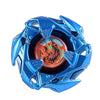 Blue metal spinning top with a central red and black design.