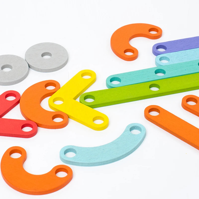 A collection of colorful wooden Montessori pegboard puzzle pieces in various shapes and sizes.