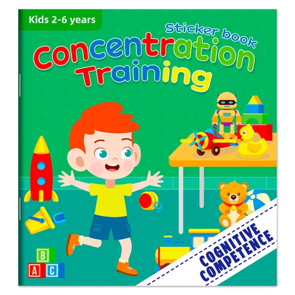A colorful sticker book for children teaching concentration skills with various animal scenes and learning activities.