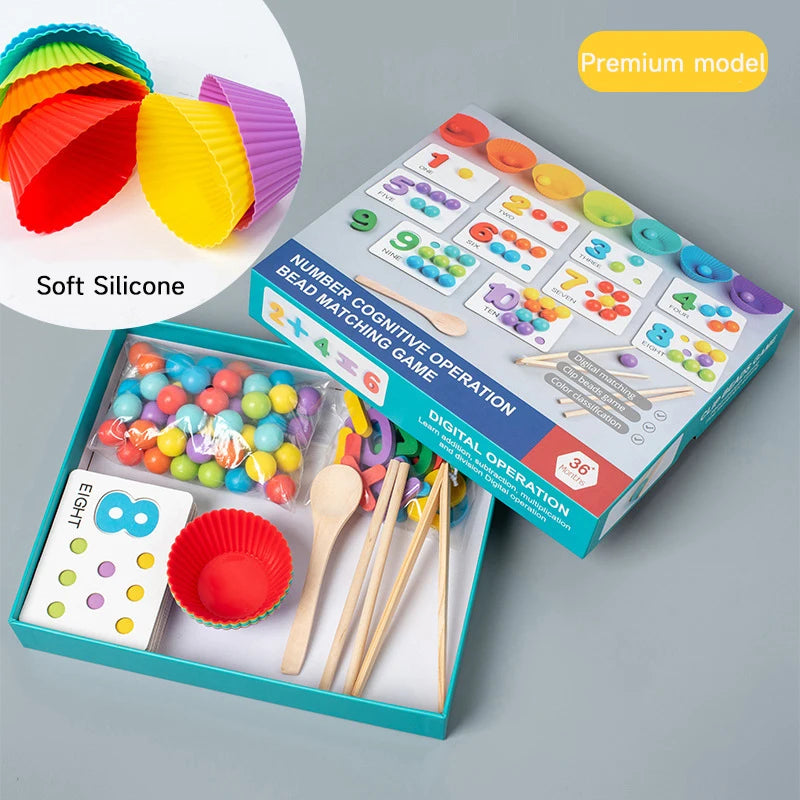 A box of a number bead matching cognitive operation game with wooden clips and colorful beads for fine motor skills.