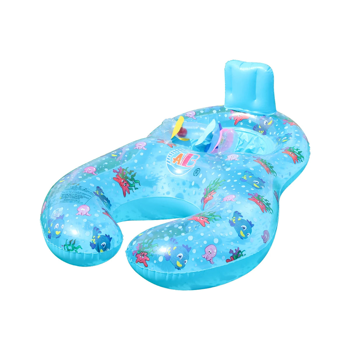 Blue inflatable pool lounger for two with a sun canopy and backrest