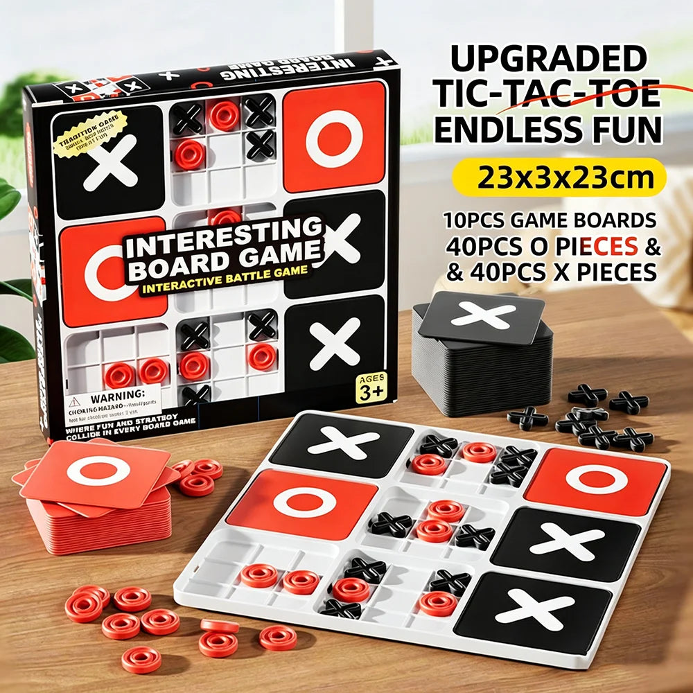 A box of Interesting Board Game featuring Tic Tac Toe and XO pieces, with several game boards and small components displayed 