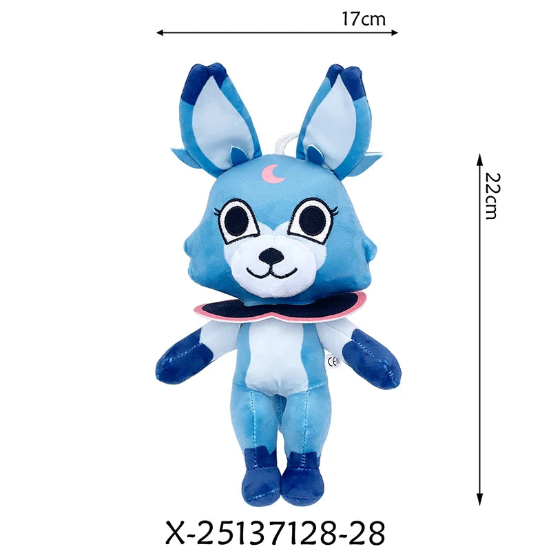 A light blue animated stuffed pet with large ears and a dark blue collar, shown from the front.