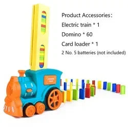 A blue train toy with colorful dominoes and a card loader accessories displayed on a white background.
