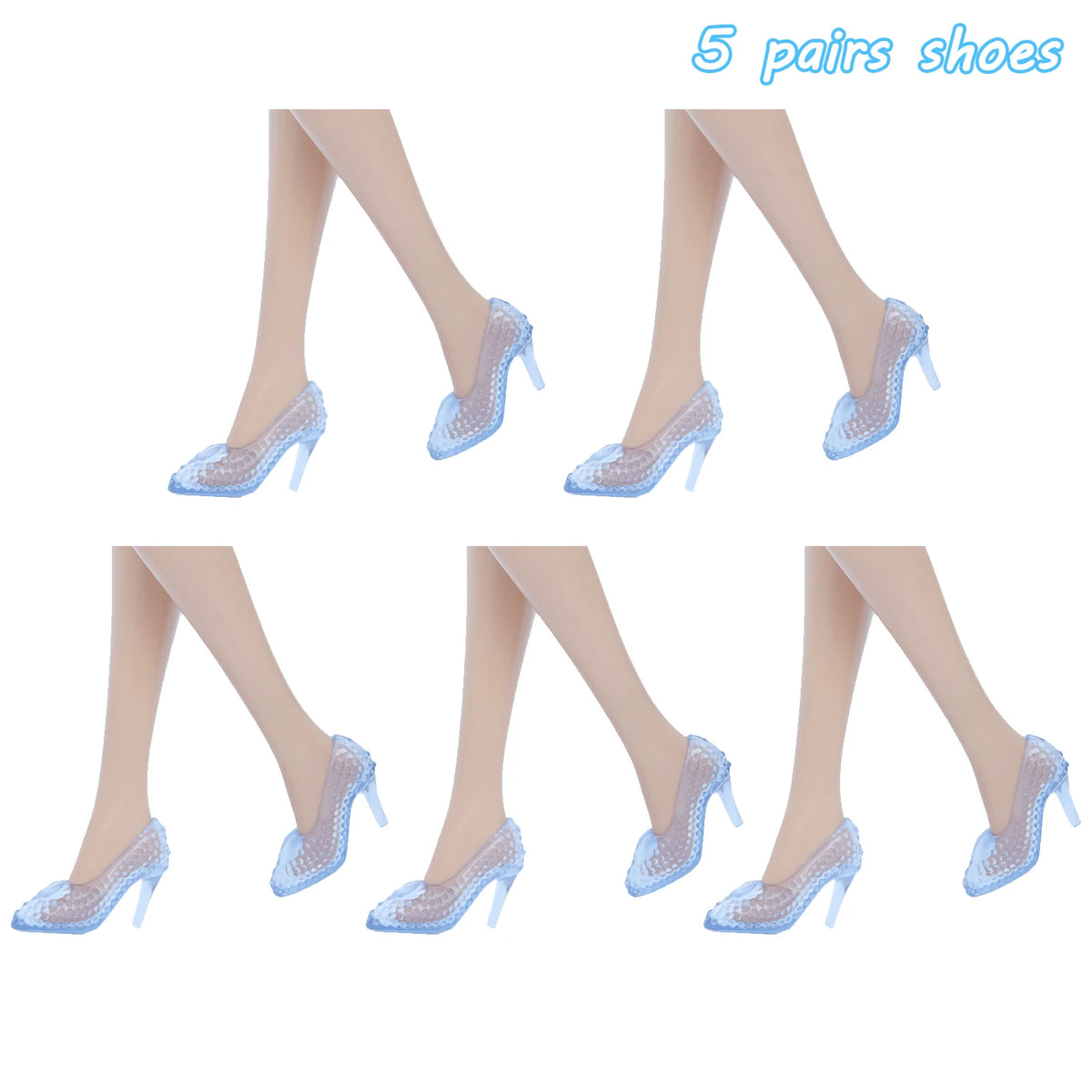 Five pairs of light blue patent leather high heels for dolls