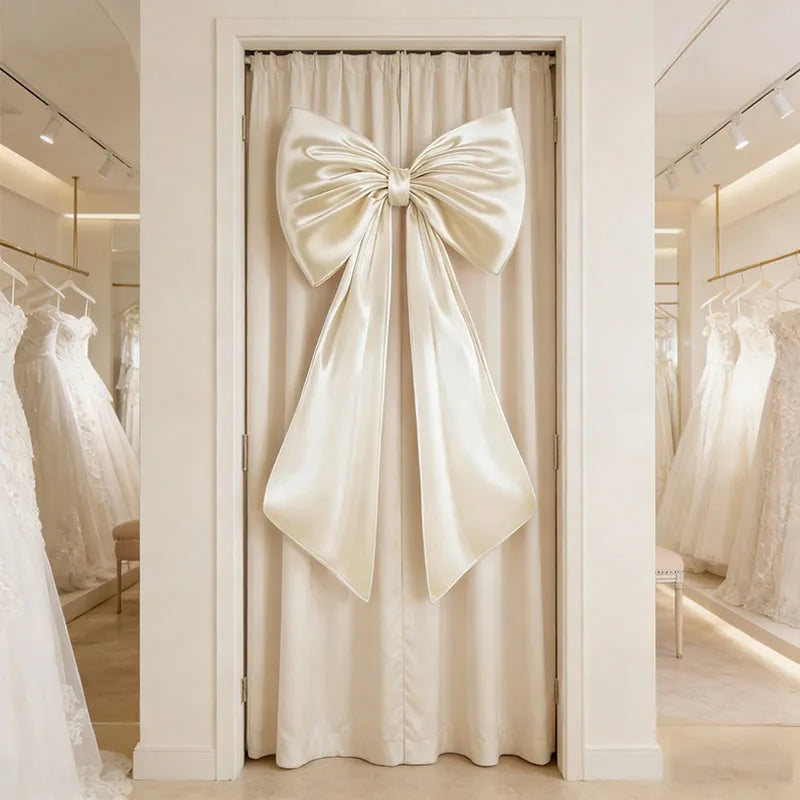 Oversized creamy white satin bow decoration hanging in a doorway