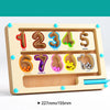 A wooden magnetic color and number maze board featuring colored numbered slots for counting.