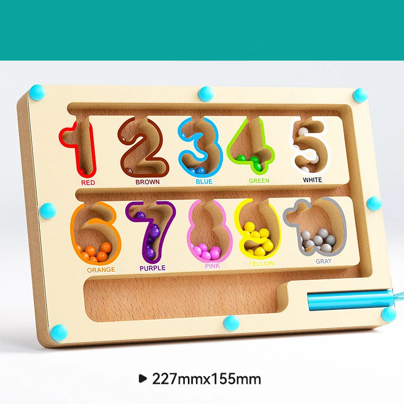 A wooden magnetic color and number maze board featuring colored numbered slots for counting.