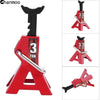 Red metal simulation jack stands for 1:10 RC crawlers shown in various angles