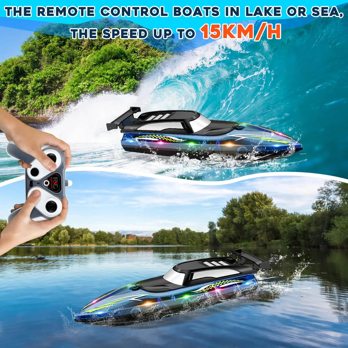 Bateau télécommandé LED haute performance fonce sur l'eau bleue, créant une écume blanche.