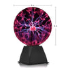 A glowing plasma ball lamp with vibrant pink and purple electrical discharge displayed on a black base.