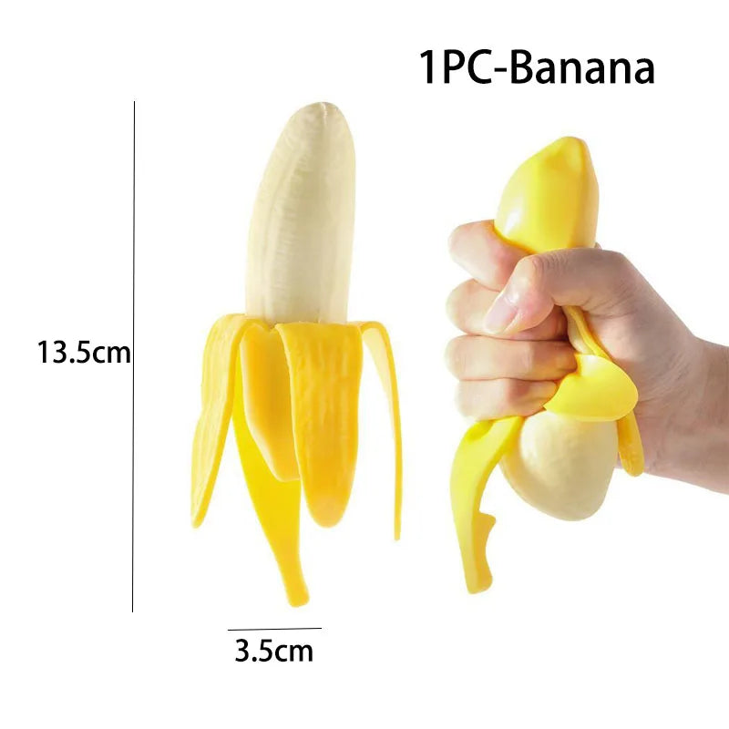 A single yellow banana fruit squishy toy shown with its dimensions.