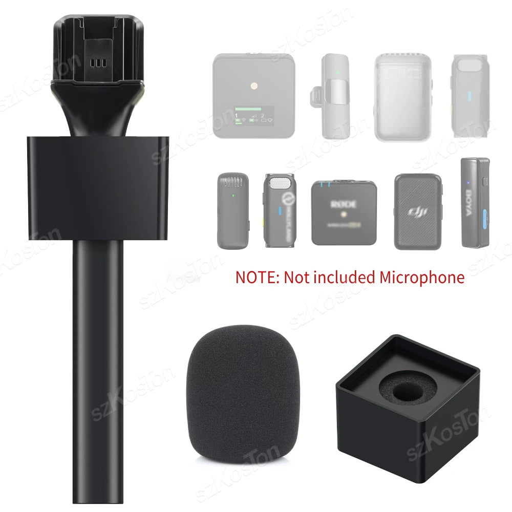 A black universal handheld adapter with multiple attachments including various microphone connectors and a foam microphone.