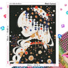 Diamond painting artwork of a girl with white hair and blue accents on a black background