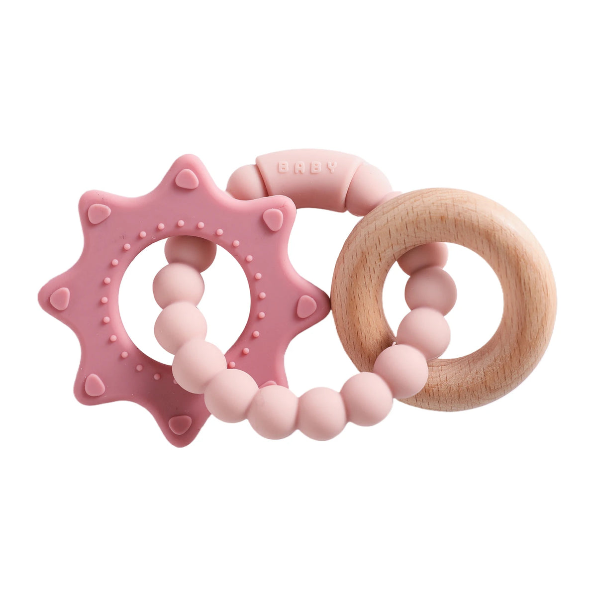 A pink silicone planet teether and a wooden ring are shown together.