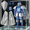 A blue articulated paladin action figure displayed in a glass case with accessories and fabric elements.