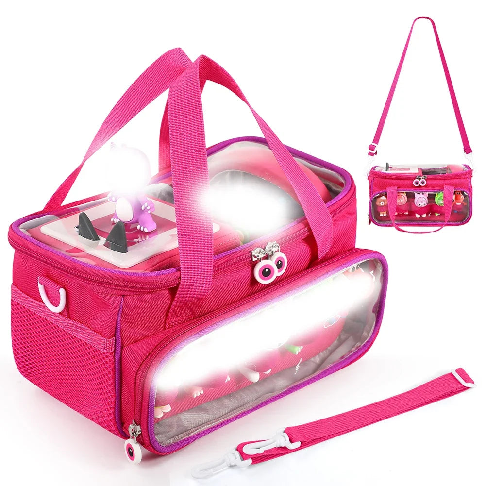 A pink Toniebox travel case with an adjustable strap and a clear light panel is shown.