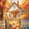 A charming wooden house surrounded by autumn foliage and pumpkins in a scenic outdoor setting.