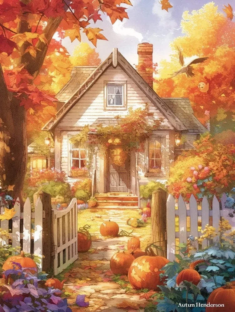 A charming wooden house surrounded by autumn foliage and pumpkins in a scenic outdoor setting.