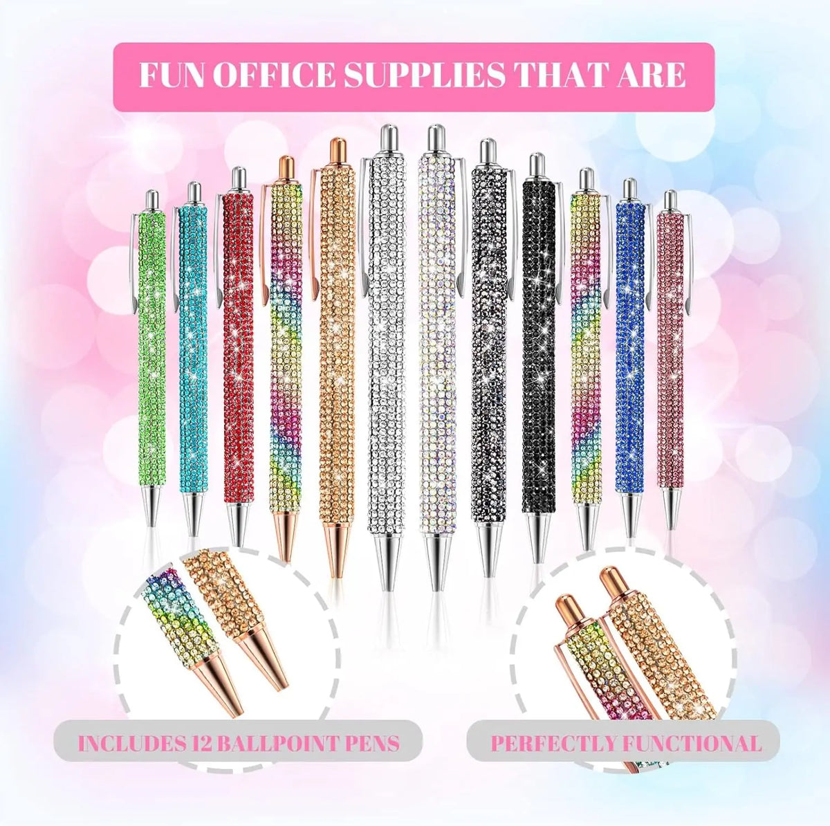 Crystal Rhinestone Ballpoint Pens (Set of 12, Assorted Colors)