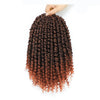 A hand is holding a bundle of dark brown, pre-looped crochet hair in a curly twist style.