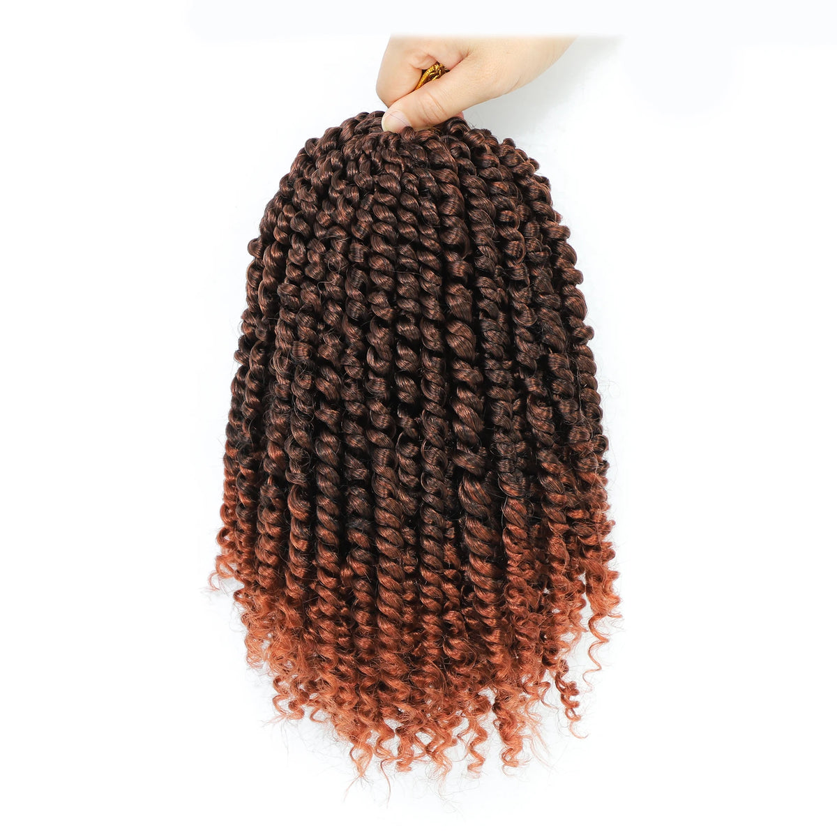 A hand is holding a bundle of dark brown, pre-looped crochet hair in a curly twist style.