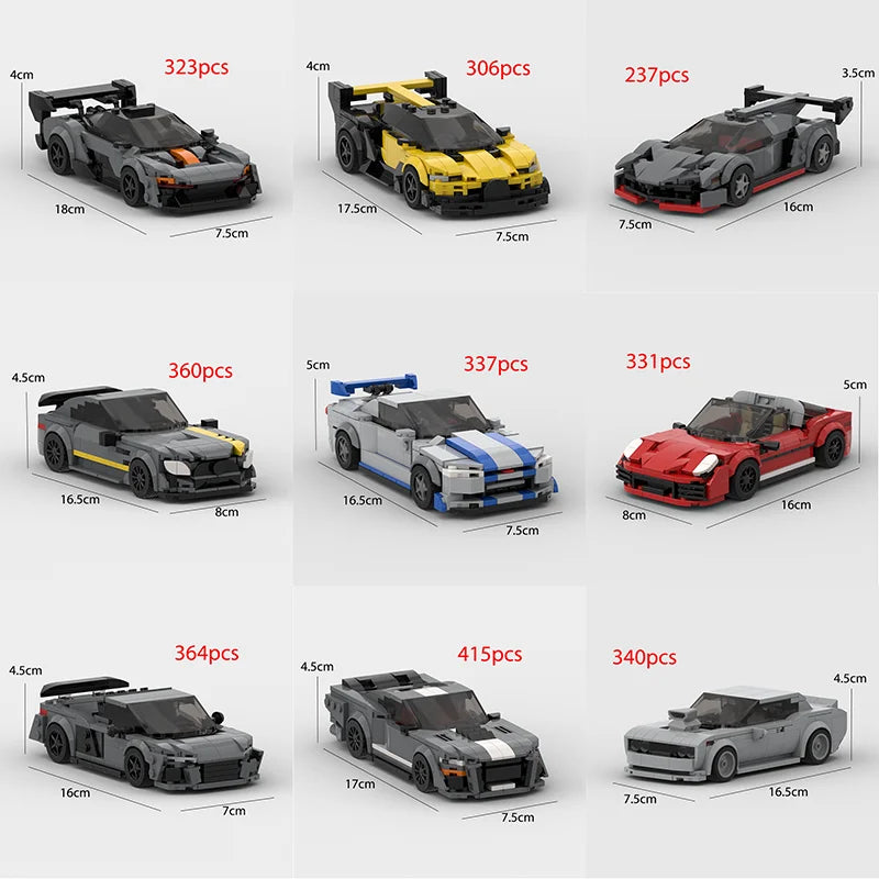 A collection of black, yellow, and red classic supercar building blocks in various sizes and configurations.