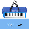 A blue 32-key portable melodica keyboard with a carrying bag and separate accessories shown on a light blue background.