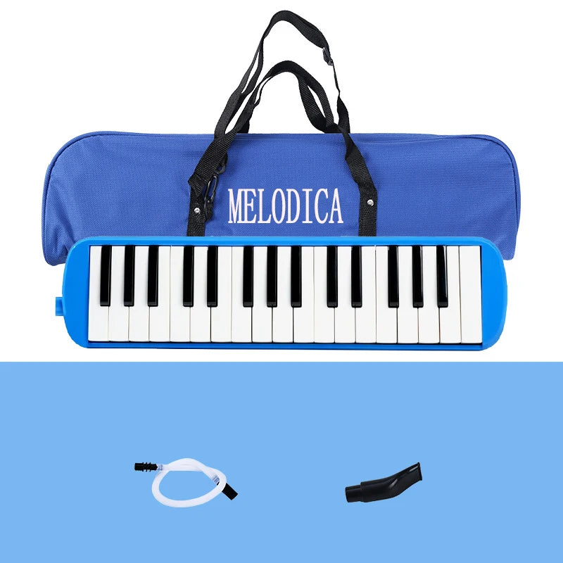 A blue 32-key portable melodica keyboard with a carrying bag and separate accessories shown on a light blue background.