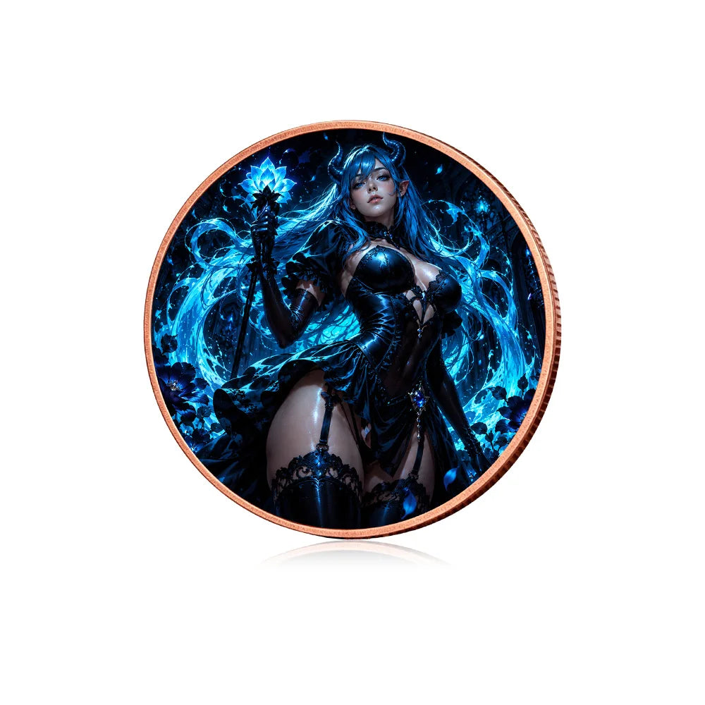 A challenge coin featuring a female fantasy witch with blue glowing magic and dark clothing.