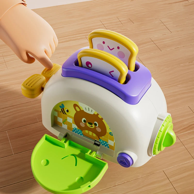 A white sensory cube toy for toddlers with purple and yellow components being held by a hand.