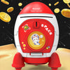 A red and white rocket shaped piggy bank with a pig face on the front, set against a dark background.