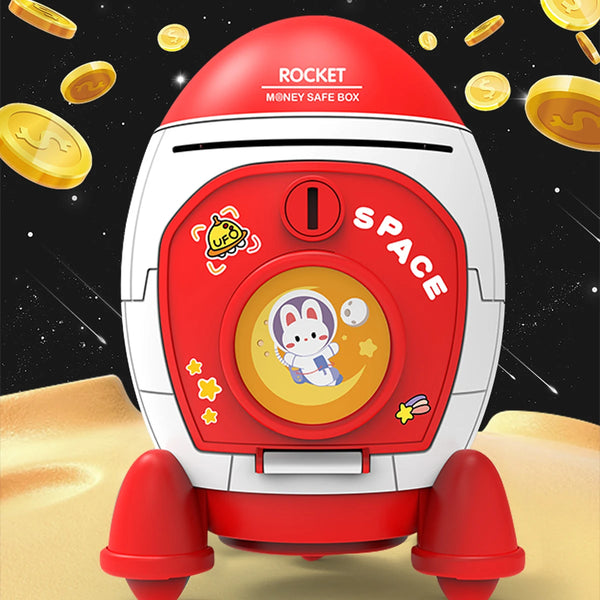 A red and white rocket shaped piggy bank with a pig face on the front, set against a dark background.