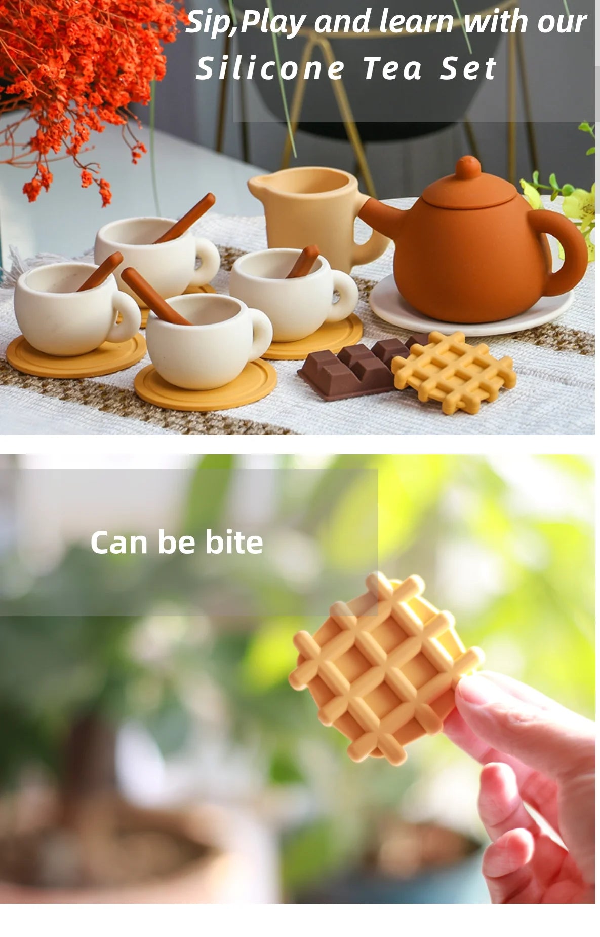 A silicone tea set featuring a teapot, cups, and food playset items like chocolate and waffle cookies.