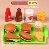 A set of 11 pretend play kitchen items including a red bottle, brown bottle, white cup, burgers, sandwiches, and french fries