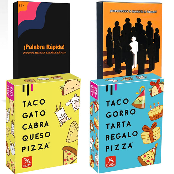 A set of Spanish party game cards featuring Taco, Goat, and Pizza themes in colorful boxes.
