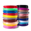 A collection of colorful PLA filament spools in various colors stacked horizontally.