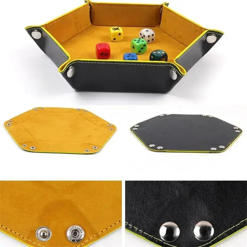 A hexagonal folding PU leather dice tray in yellow and black with colored dice inside.