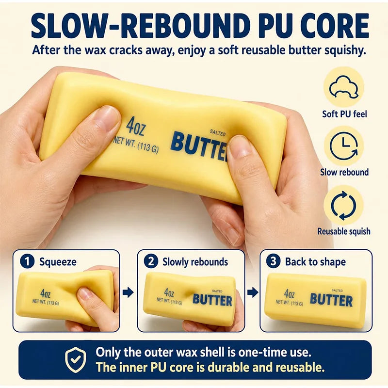 Hands squeeze a yellow butter squishy PU core product demonstrating its slow rebound and reusability.