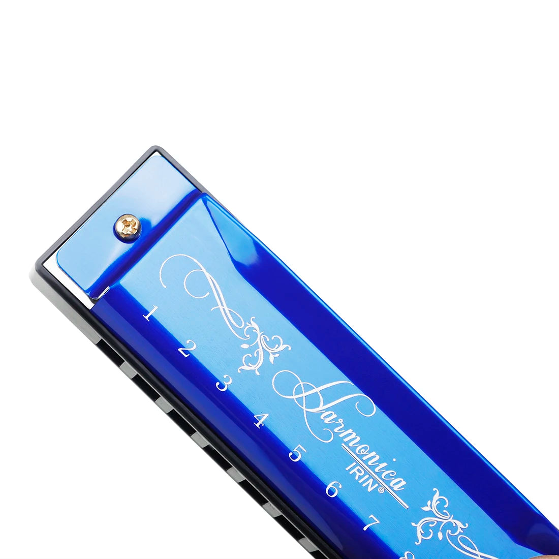 A blue harmonica with a silver-colored metal shell and white numbering on the body.